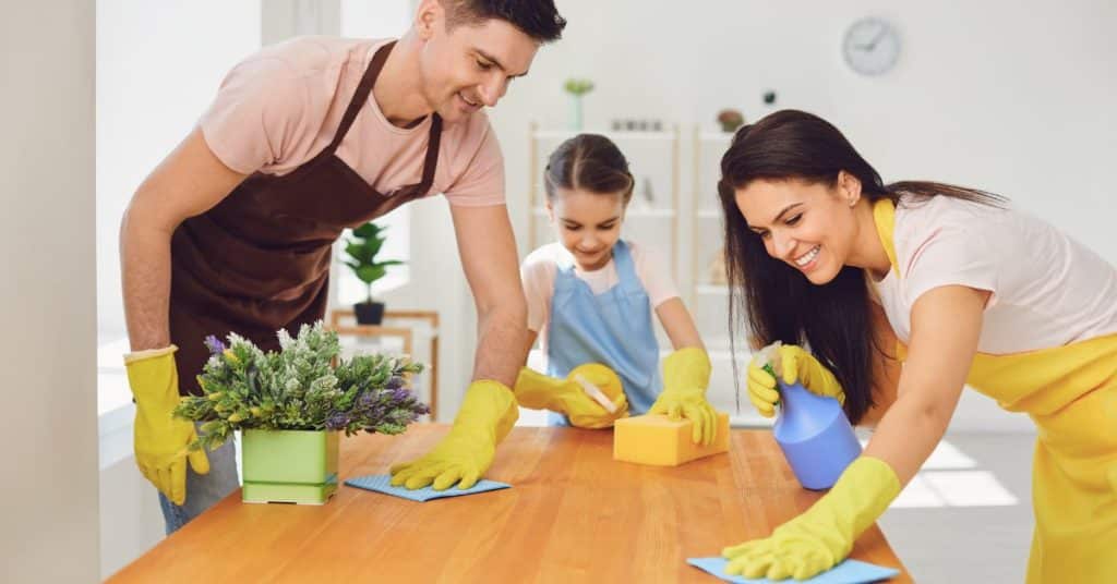 Family members cleaning together