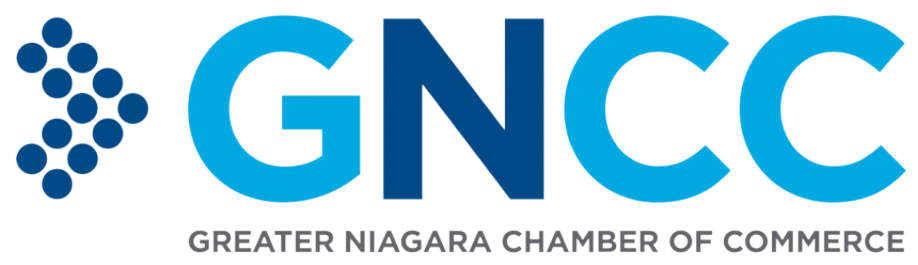 Logo of Greater Niagara Chamber of Commerce (GNCC) with the text 'GNCC' in blue and 'Greater Niagara Chamber of Commerce' below it. The logo includes a design of blue dots forming a pattern to the left of the text.