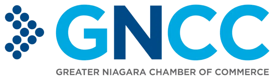 Logo of Greater Niagara Chamber of Commerce (GNCC) with the text 'GNCC' in blue and 'Greater Niagara Chamber of Commerce' below it. The logo includes a design of blue dots forming a pattern to the left of the text.