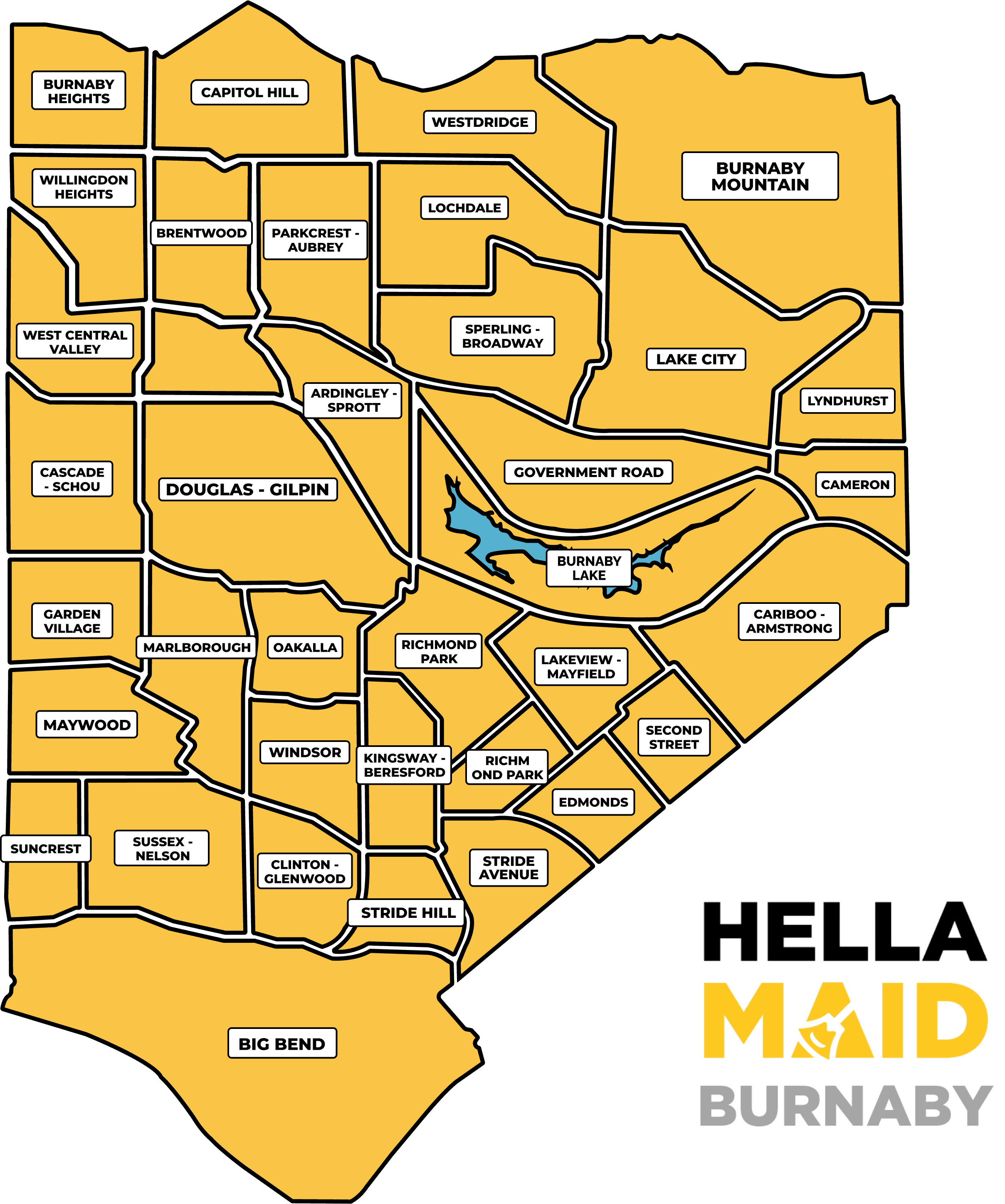 Detailed map showing Hellamaid's cleaning service areas across Burnaby, BC. Highlighting neighborhoods like Burnaby Mountain, Edmonds, Brentwood, and more, offering professional cleaning solutions throughout Burnaby and surrounding areas in BC, Canada