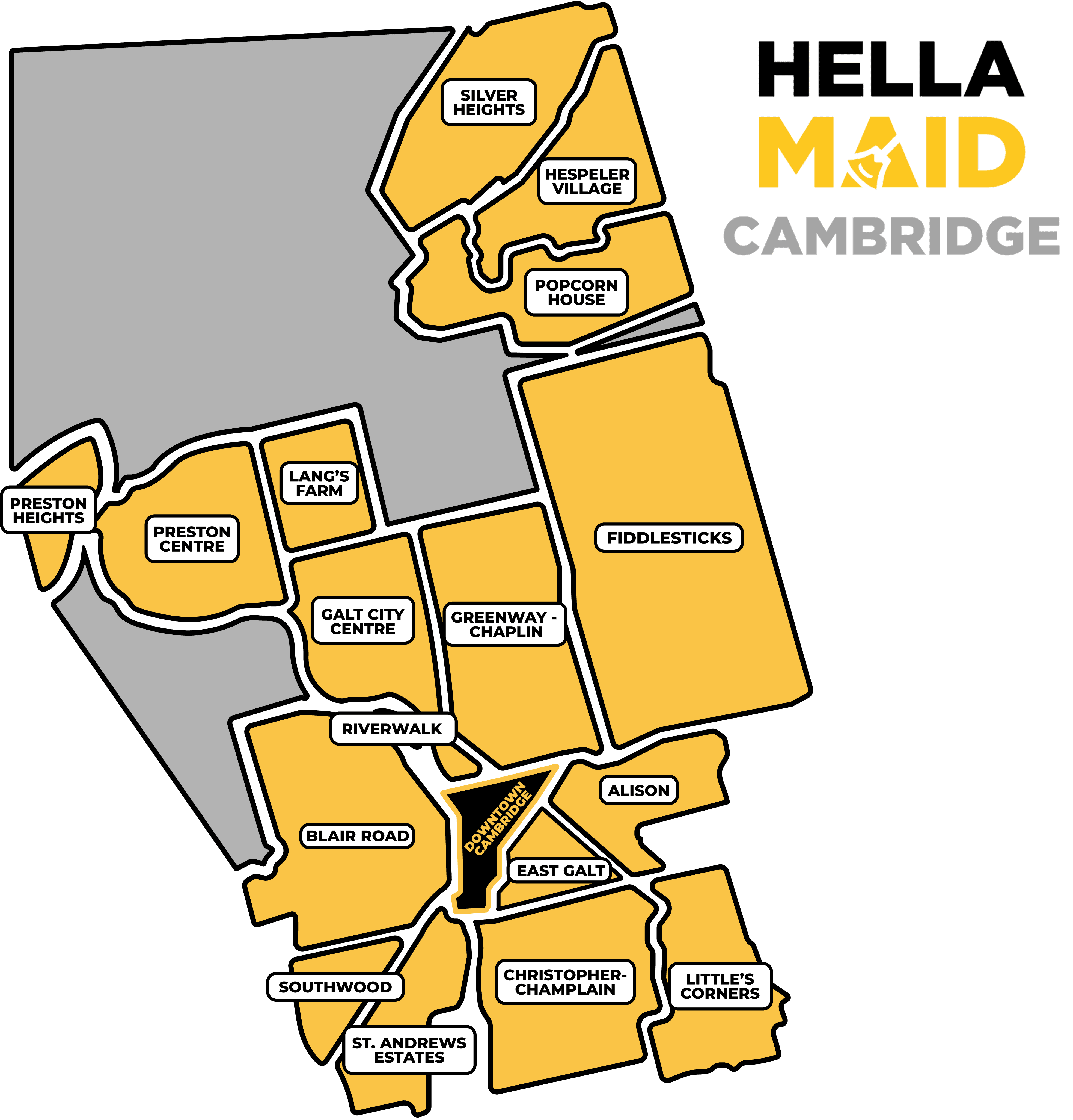 A map of Cambridge, Ontario, showing the service areas covered by Hellamaid's cleaning services. The highlighted neighborhoods include Preston, Galt City Centre, Hespeler Village, Riverwalk, Fiddlesticks, and more. Ideal for anyone seeking cleaning solutions in Cambridge and surrounding areas.