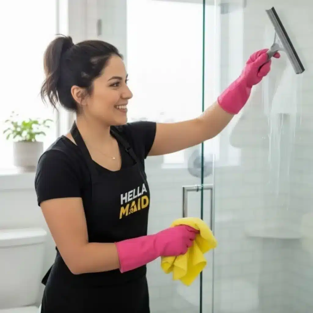 Hellamaid team member offering personalized hourly cleaning service, focusing on detailed bathroom cleaning and shower glass care. Ideal for light or targeted cleaning tasks.