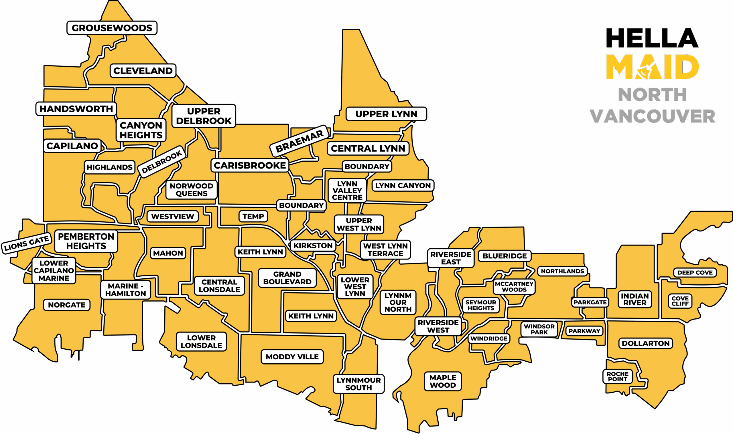 Map of Hellamaid's service areas in North Vancouver, BC. This includes neighborhoods like Grousewoods, Deep Cove, Lynn Valley, Pemberton Heights, Lower Lonsdale, and more. Hellamaid provides professional cleaning services to homes and businesses across North Vancouver, ensuring quality and reliability