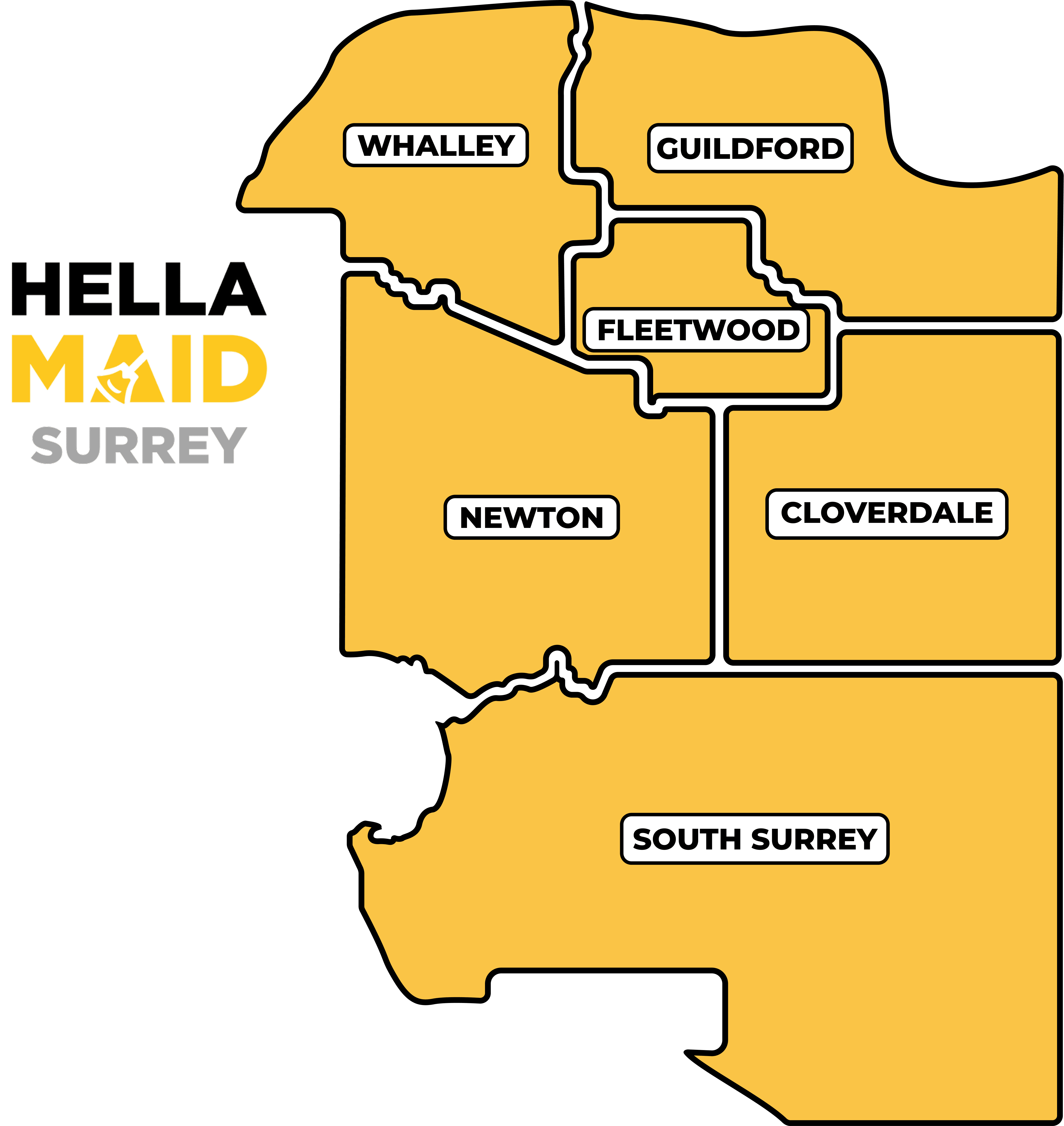 Detailed map showing Hellamaid's cleaning service areas in Surrey, BC. Highlighting neighborhoods like Whalley, Guildford, Newton, and Cloverdale, offering high-quality cleaning services throughout Surrey and expanding across British Columbia.