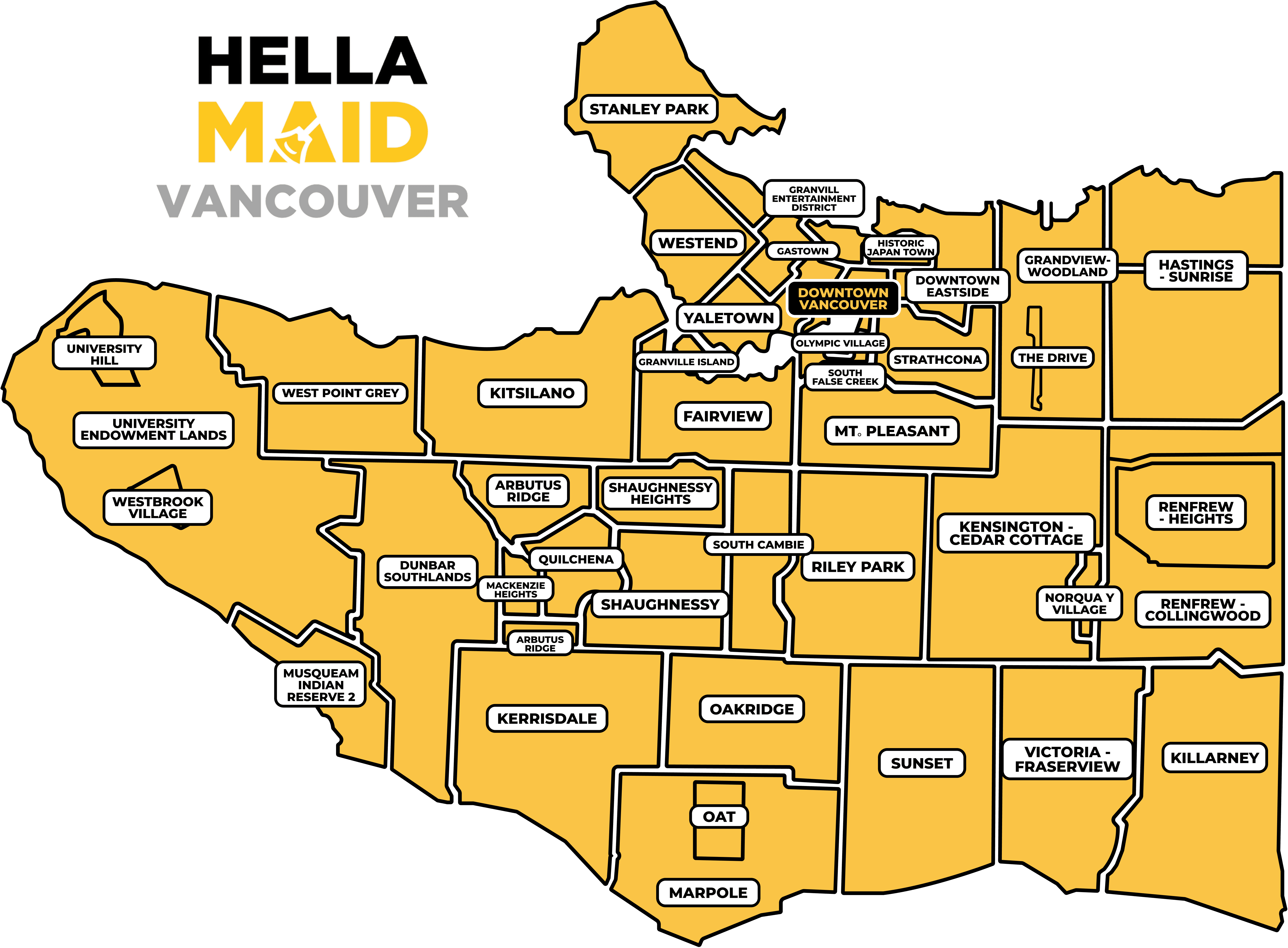 A map of Vancouver, BC, showing the service areas covered by Hellamaid's cleaning services. Key neighborhoods highlighted include Downtown Vancouver, Yaletown, Kitsilano, West End, Fairview, Mount Pleasant, and more. Ideal for anyone seeking professional cleaning solutions across Vancouver and its surrounding areas.
