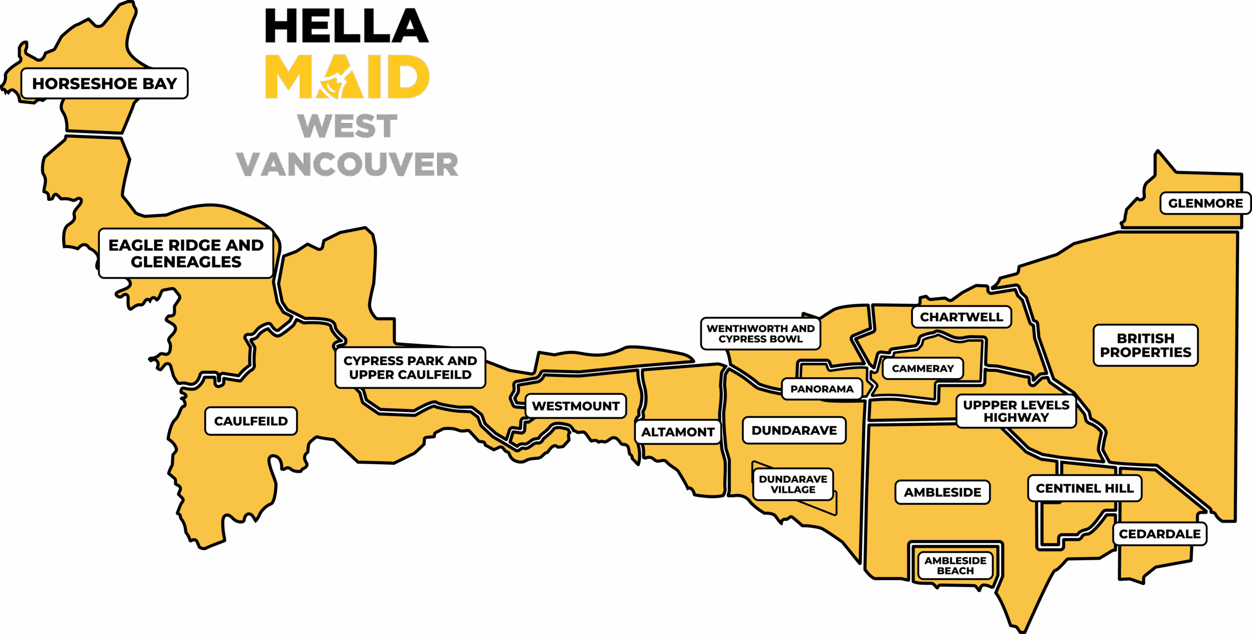 Map showcasing Hellamaid's professional cleaning service areas in West Vancouver, BC. Includes neighborhoods like Horseshoe Bay, Dundarave, Ambleside, British Properties, and more. Hellamaid offers expert cleaning services to homes and businesses across West Vancouver, with potential to expand across other regions.