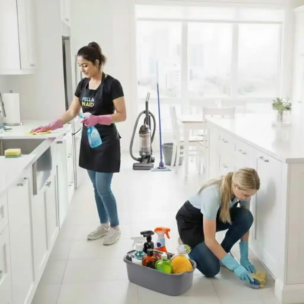 Hellamaid cleaning team providing professional full home cleaning service, including kitchen and floor cleaning with detailed attention to each area. Ideal for a cleaning package.