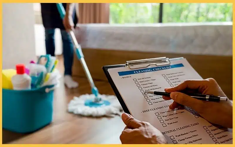 A hand holding a pen checks off items on a professional cleaning service checklist, while someone mops the floor in the background.