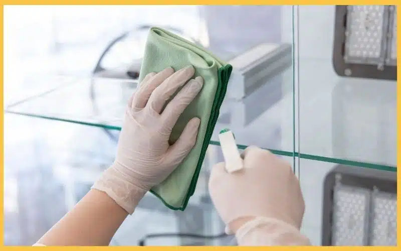 A person wearing gloves wipes a glass shelf with a green cloth, ensuring cleanliness and shine.