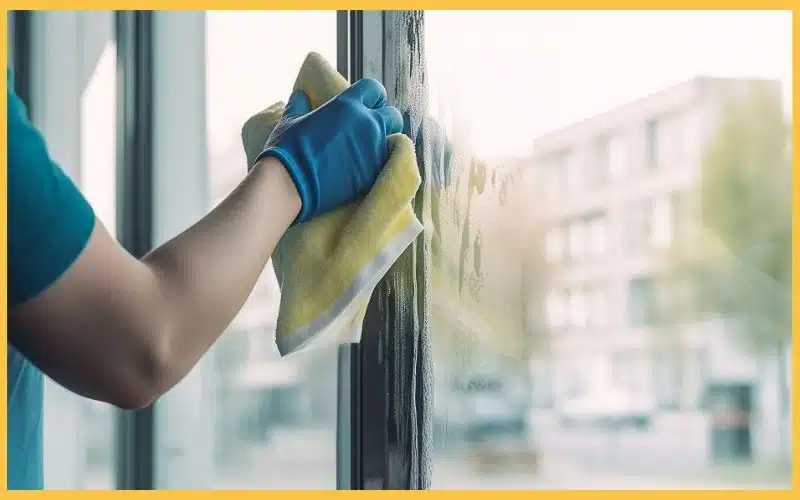 A person wearing a blue glove wipes a foggy window with a yellow cloth, revealing a blurred outdoor cityscape.