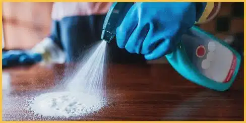 Gloved hands of a professional cleaner in Canada spraying a cleaner in a surface to clean.