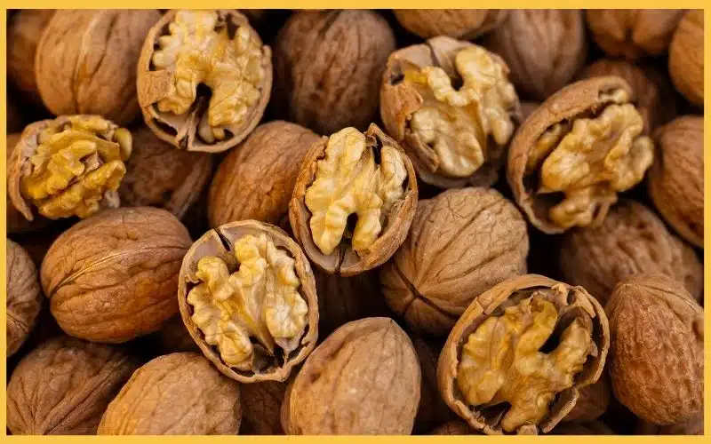 A close-up of cracked and whole walnuts, showcasing their rich, golden interiors against a background of brown shells.