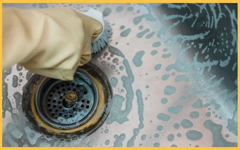 A gloved hand scrubs a soapy sink near a metal drain, creating bubbles and highlighting the cleaning process.