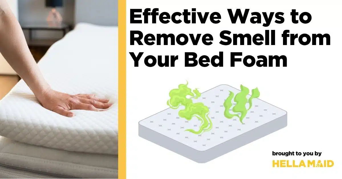 Hand resting on a white quilted mattress and a smelly bed, with a text answering "is there a way to remove smell from your bed foam?"