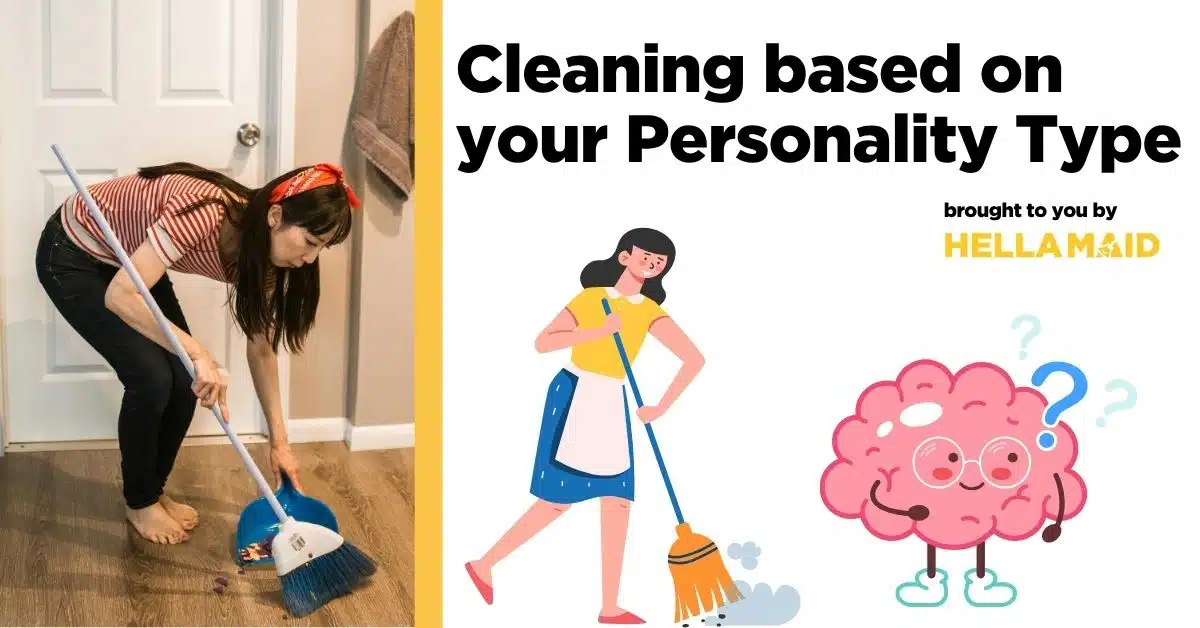 person is sweeping the floor while a cheerful graphic shows a woman cleaning and a brain with a question mark, symbolizing the idea of "how to clean your house based on your personality type."