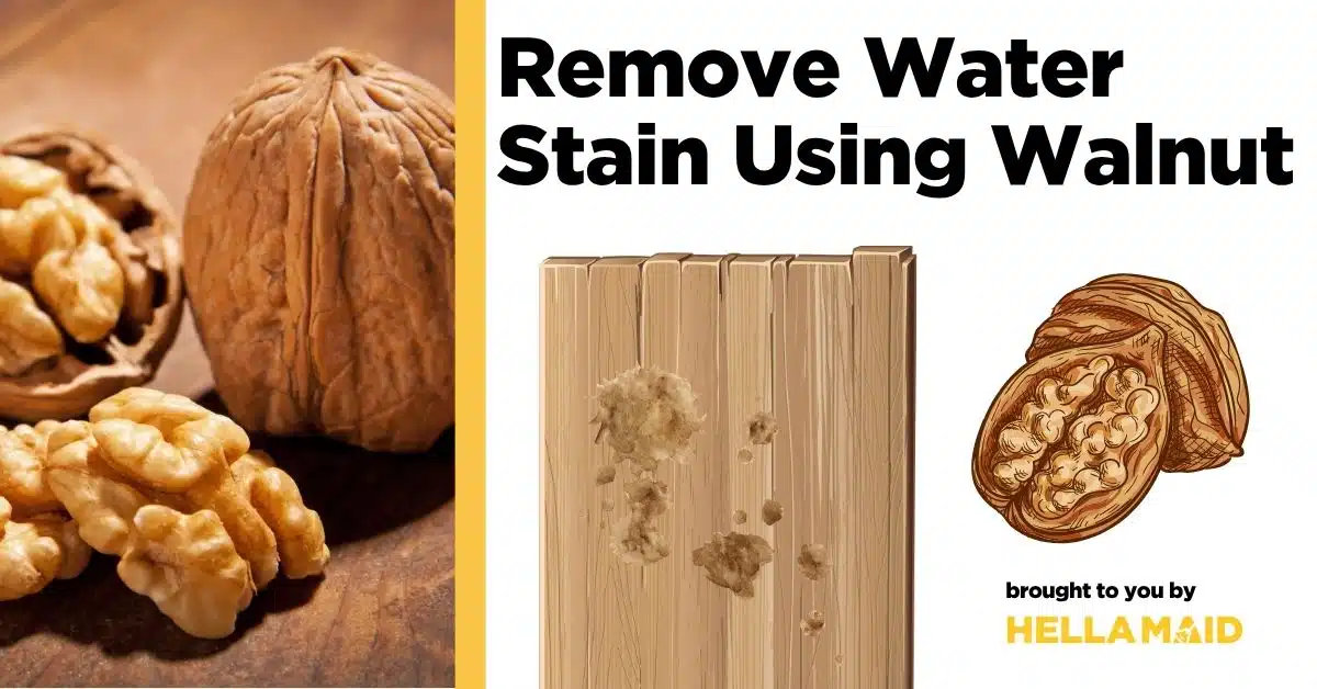 A walnut and a wooden surface with circular water stains, symbolizing how to remove water stain using walnut.