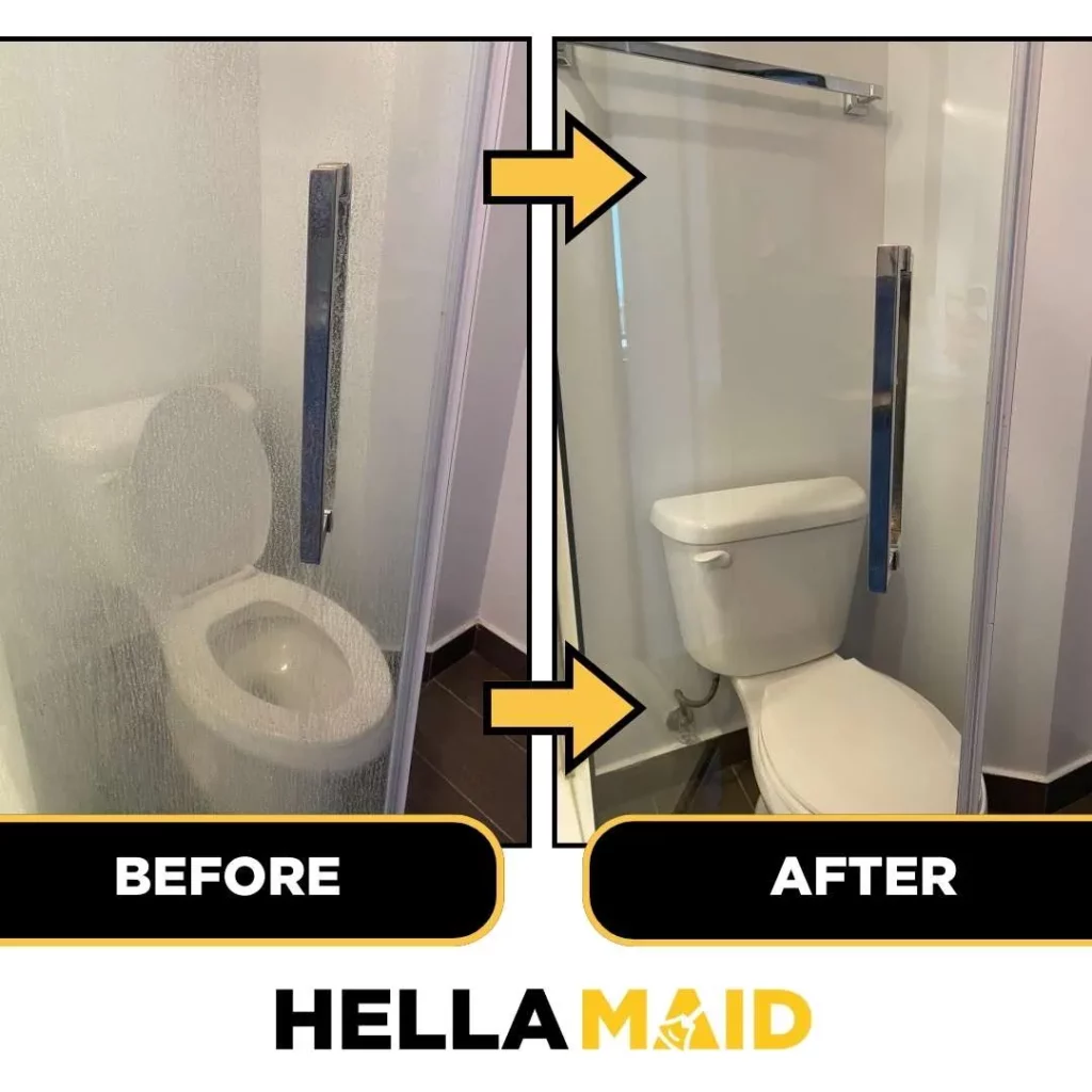 A misty shower door and toilet before cleaning, and a spotless, clear view after Hellamaid’s cleaning service.