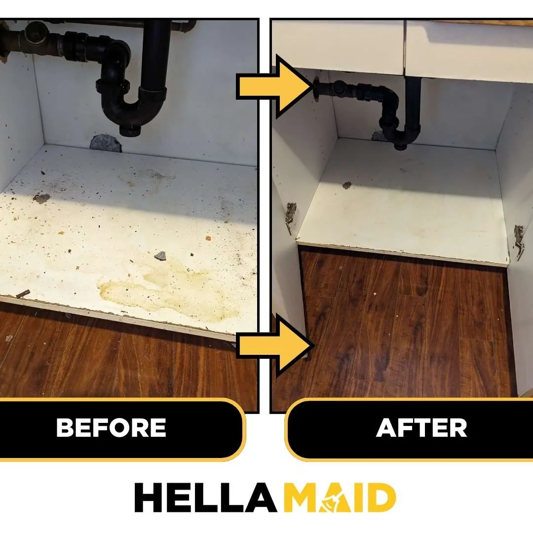 A messy, dirty sink cabinet before cleaning, and a neat, organized cabinet after Hellamaid’s service.