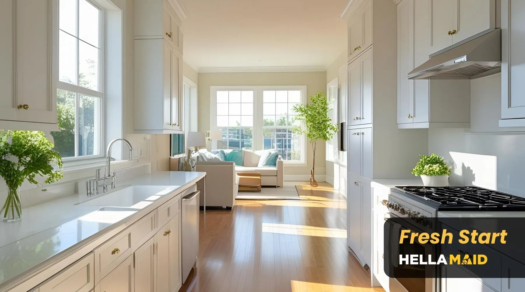 Clean, bright kitchen with ample natural light streaming through large windows, showcasing the fresh, new beginnings of The Fresh Start cleaning package