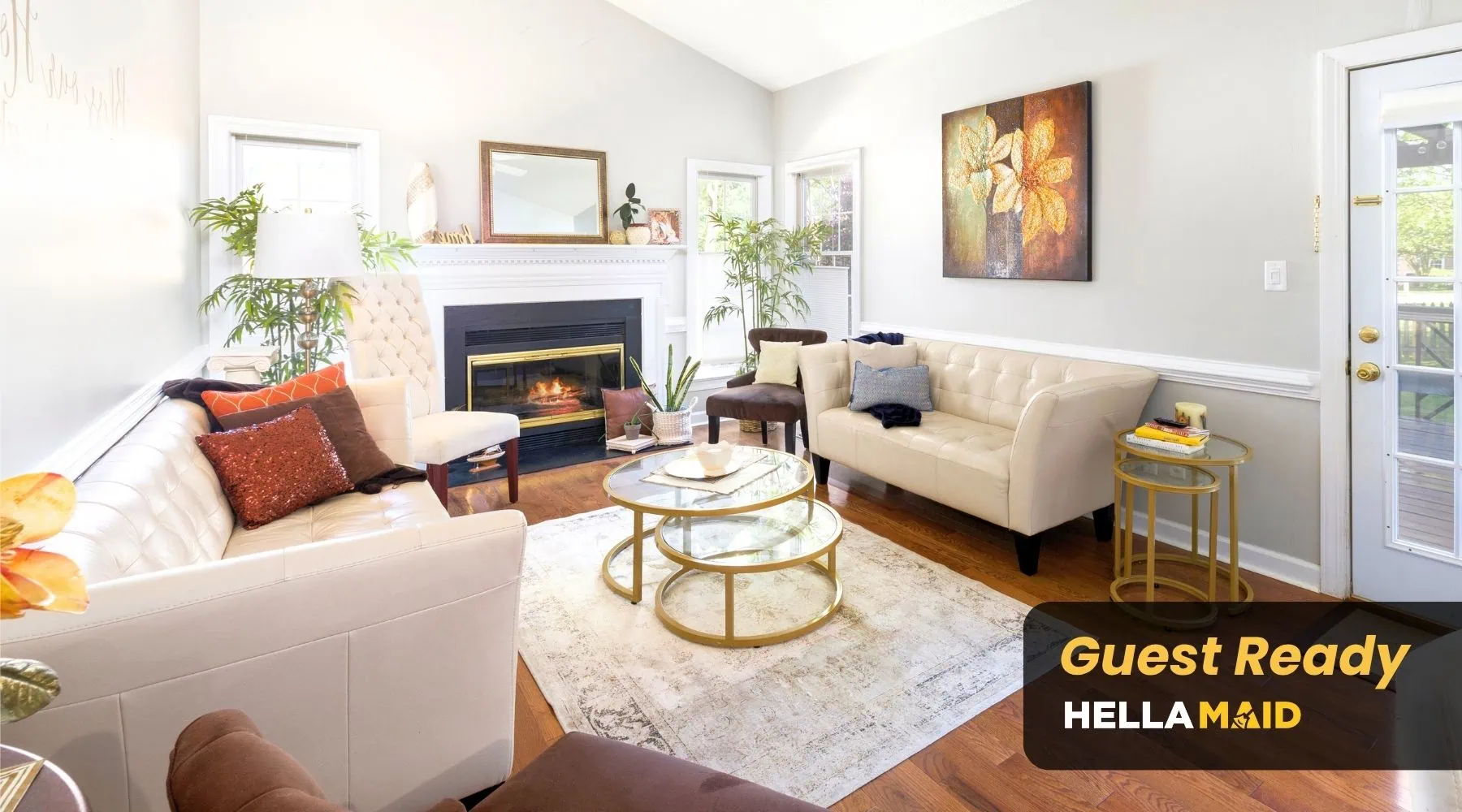 Bright and cozy living room with elegant furniture and decorative accents, ready to welcome guests. The space is styled for The Guest Ready cleaning package.