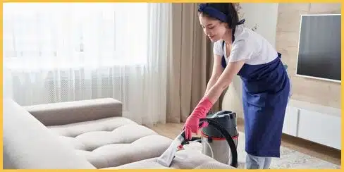 An expert cleaner comfortably vacuuming a couch, demonstrating cleaning tips for pain reduction.