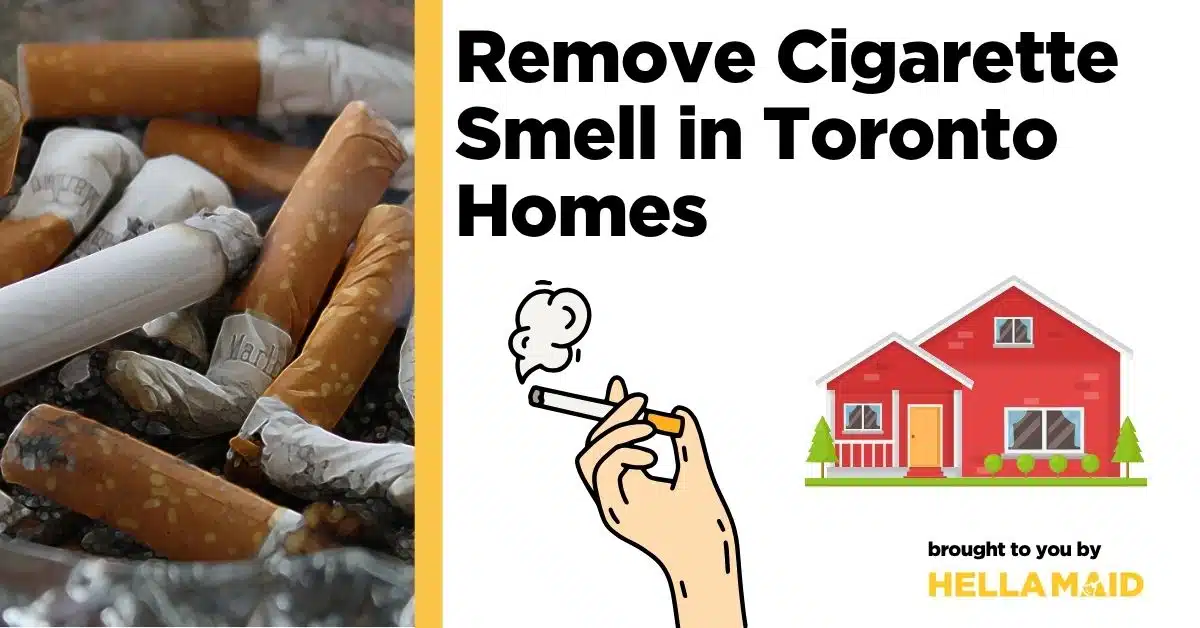 Cigarette butts pile with a graphic of a hand holding a cigarette and a house, symbolizing toronto cleaning services for homes with cigarette smell.