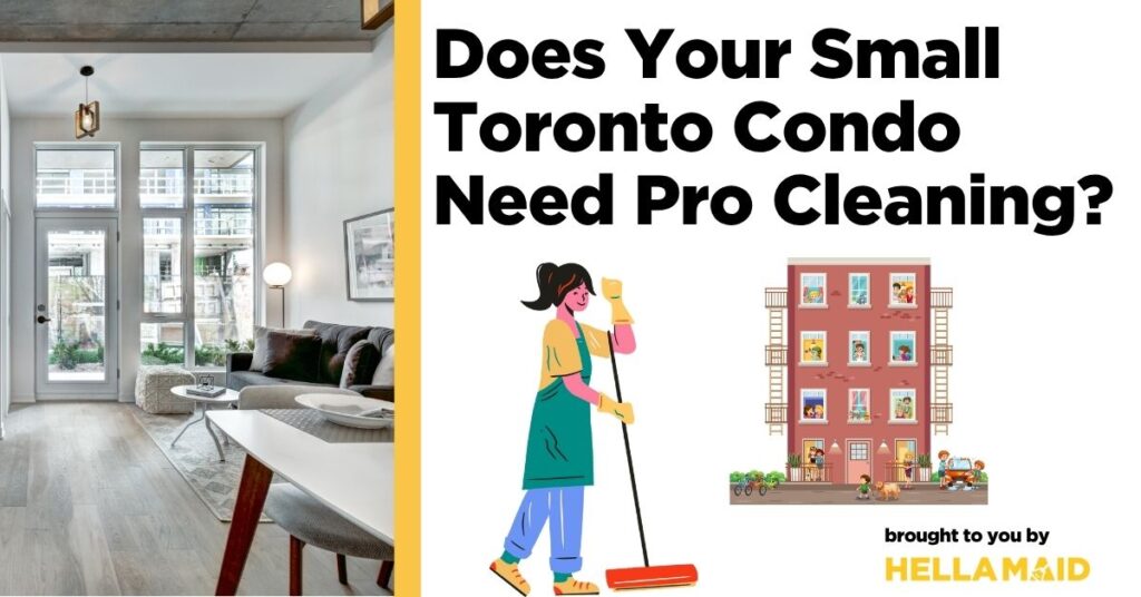 Bright, modern condo interior with a cozy living room and large windows, accompanied by condo illustrations and the text asking “do small toronto condos need professional cleaning?”
