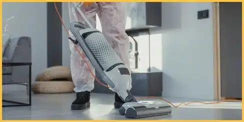 A professional cleaner in Canada vacuuming the living area of a house.