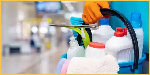 Cleaner holding a bucket of cleaning supplies.