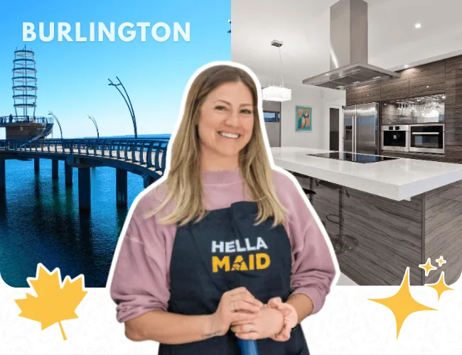 A photo of a Hellamaid cleaner in Burlington showcasing a clean kitchen together with a picture of Burlington bridge