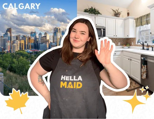 Hellamaid cleaner waving in a modern kitchen, with Calgary's cityscape in the backdrop