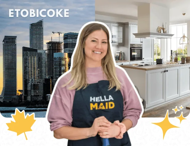 Hellamaid team member in Etobicoke, standing in a modern kitchen with city skyline, prepared to provide reliable cleaning services