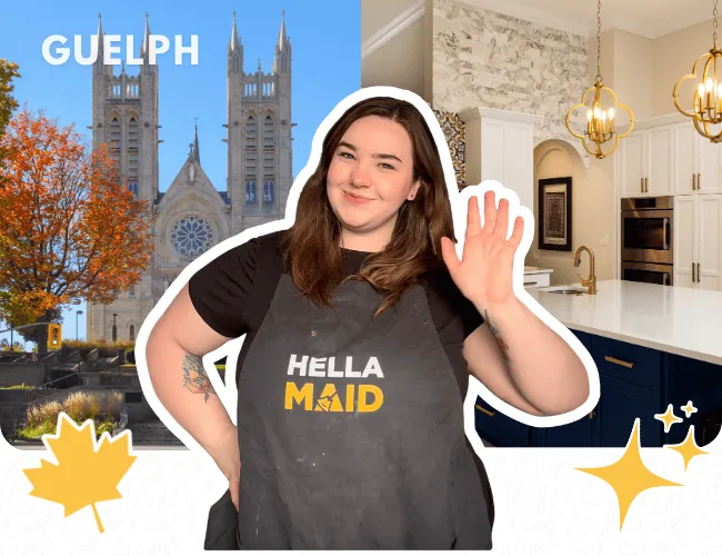 Hellamaid team member in Guelph, smiling in front of a tidy kitchen, ready to provide high-quality cleaning services