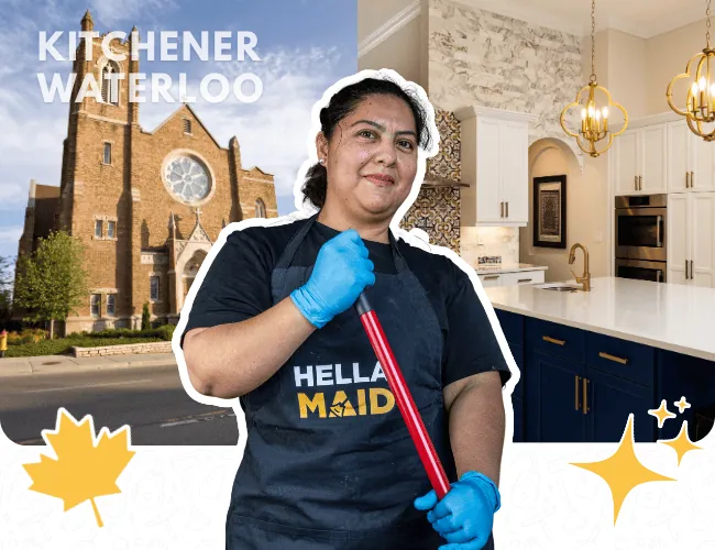 Hellamaid team member in Kitchener standing in front of a church and modern kitchen, holding a cleaning tool and wearing a Hellamaid apron