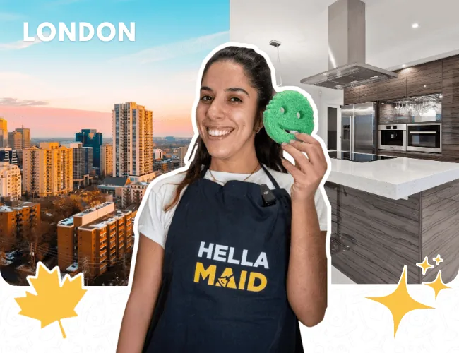 Hellamaid team member in London holding a cleaning cloth, standing against a city skyline and kitchen backdrop, ready for top-notch cleaning services