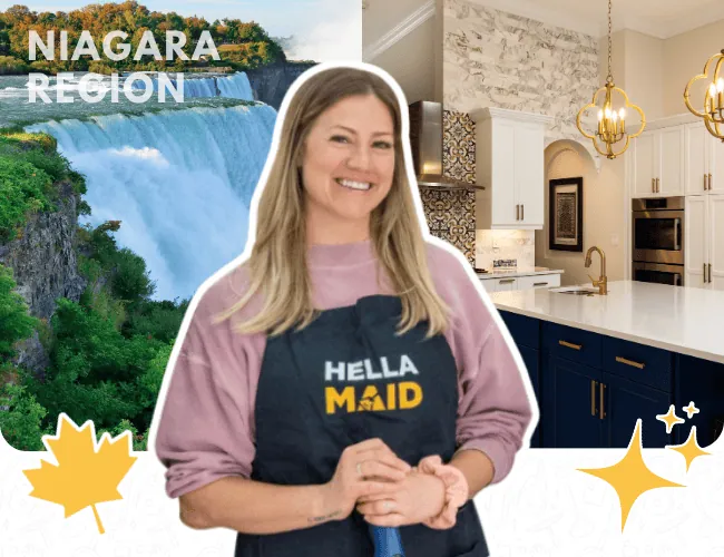 Hellamaid cleaner in Niagara Region, standing with a cleaning tool, with Niagara Falls in the background and a stylish kitchen