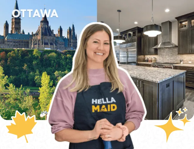 Hellamaid team member in Ottawa, smiling and holding a cleaning tool with the Parliament buildings and kitchen in the background