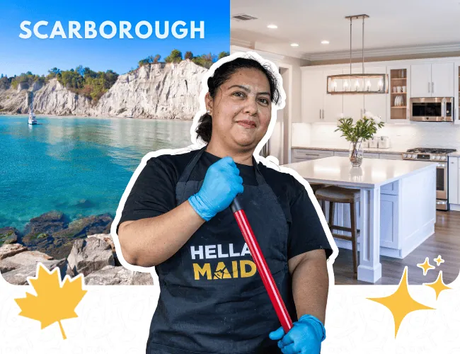 Hellamaid cleaning expert in Scarborough, Ontario, holding cleaning tools with a scenic waterfront view of Scarborough Bluffs and a stylish kitchen