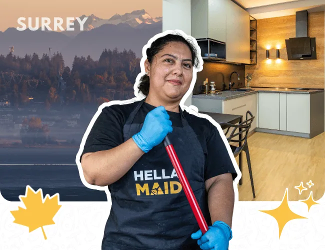 Hellamaid cleaner in Surrey with scenic mountain views and a modern apartment kitchen