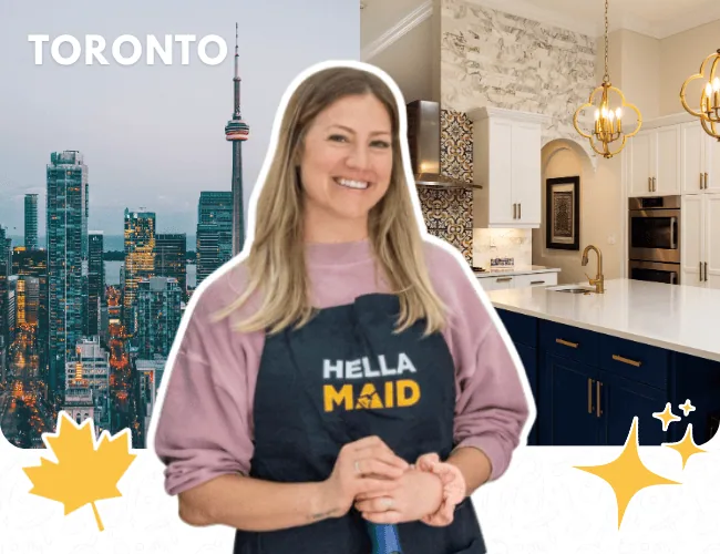 Hellamaid cleaning service expert in Toronto, featuring the CN Tower and a luxurious kitchen