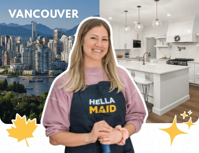 Hellamaid cleaner in Vancouver, ready to assist with a beautiful coastal mountain backdrop and a contemporary kitchen
