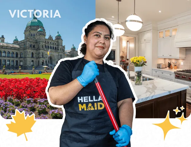 Victoria-based Hellamaid cleaner in front of the BC Legislature and a modern kitchen, showcasing local cleaning services in Victoria, BC.