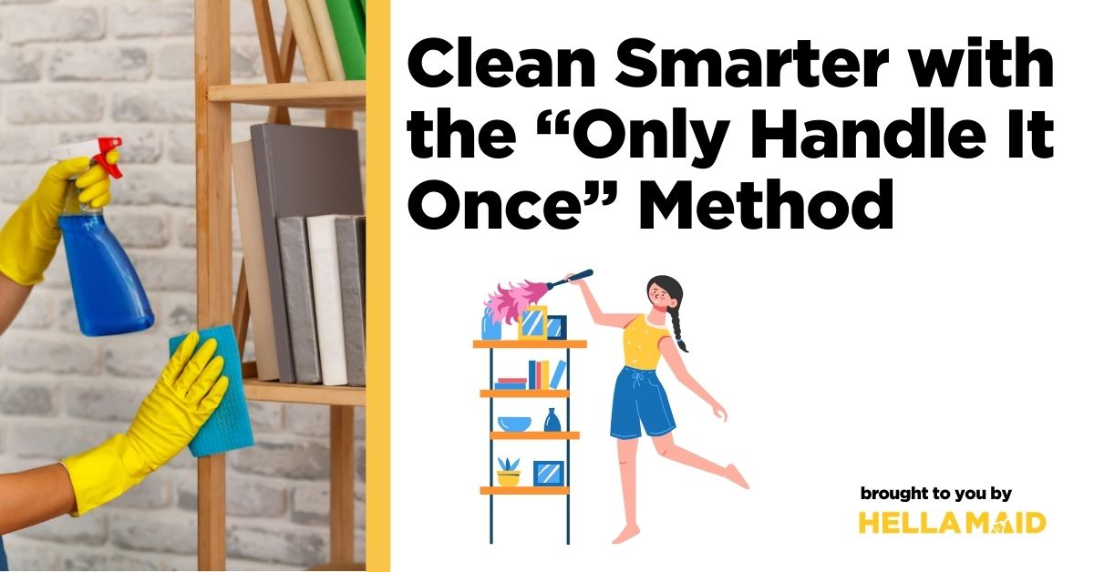 An image and graphics of a professional cleaner cleaning a book rack and a text about home cleaning services.