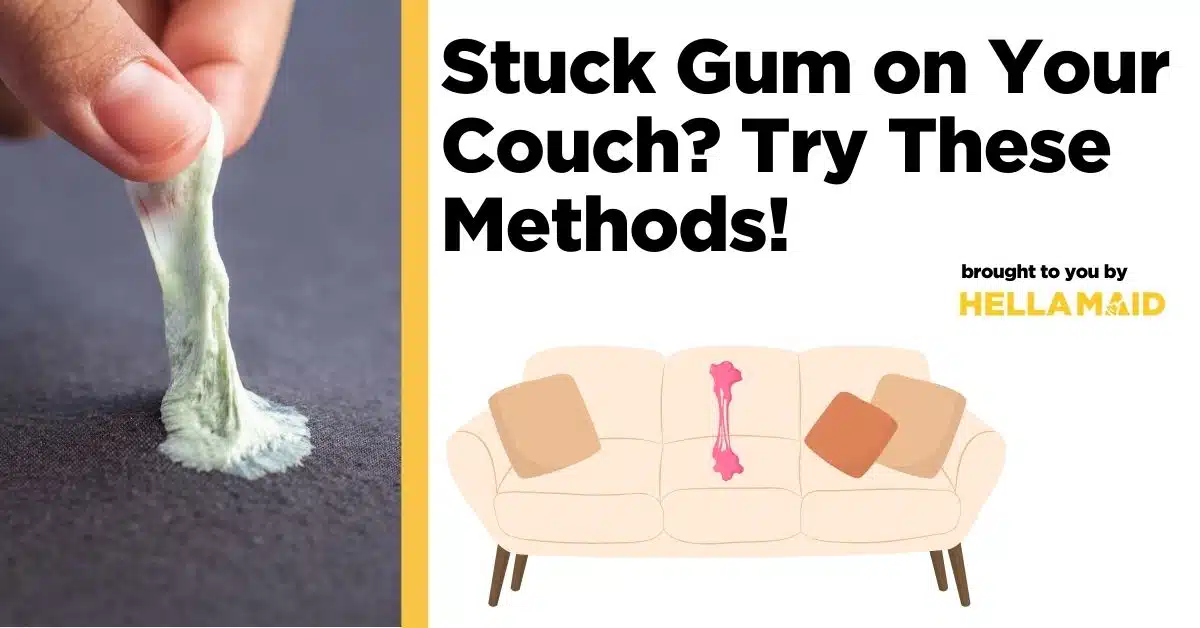Hand removing gum from a couch, illustration of couch with gum stain, and text on how to remove gum from couch cushions.
