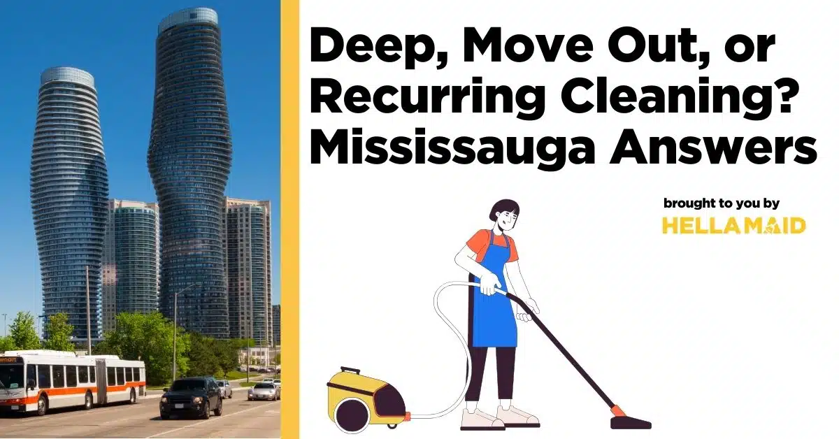 Illustration of a cleaning lady vacuuming with the Absolute World towers in Mississauga in the background, related to what residents in Mississauga book most: deep cleaning.