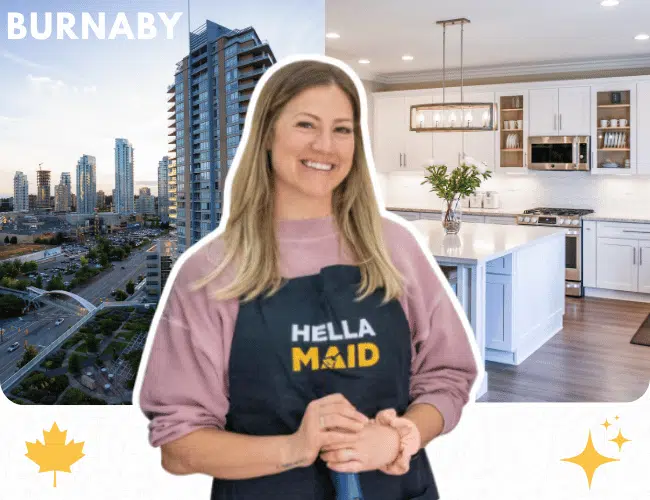 picture of a cleaner with the background of Burnaby and a clean kitchen