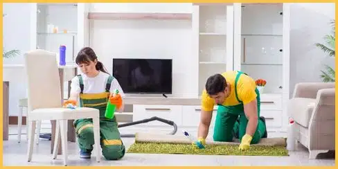 Expert cleaners cleaning a house's living area.