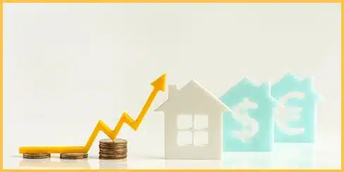 An upward sign with coins and house to symbolize that cleaning increases Edmonton's home value.