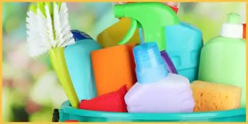 A bucket of cleaning products and tools.