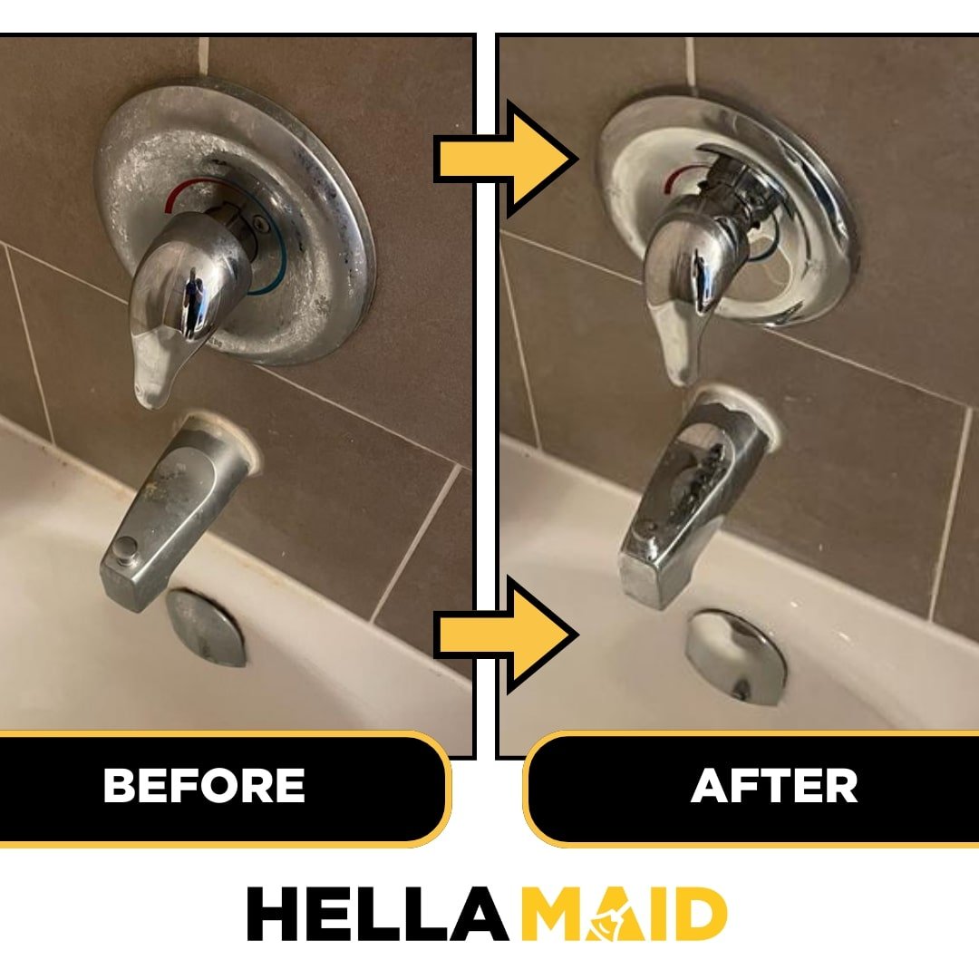 Before and after view of a bathroom faucet and shower handle, showing removal of water spots and buildup.